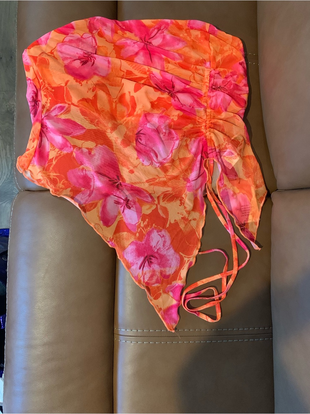 Shein Bae/Curve Orange and Pink Floral tube top. Ruched detailing with ties.